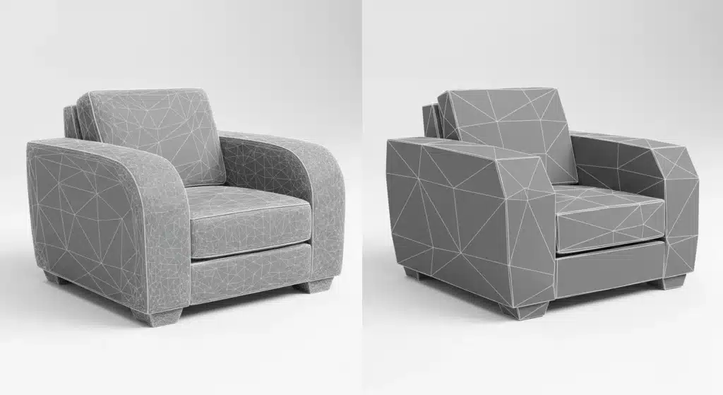 image of high poly vs low poly furniture 3D models