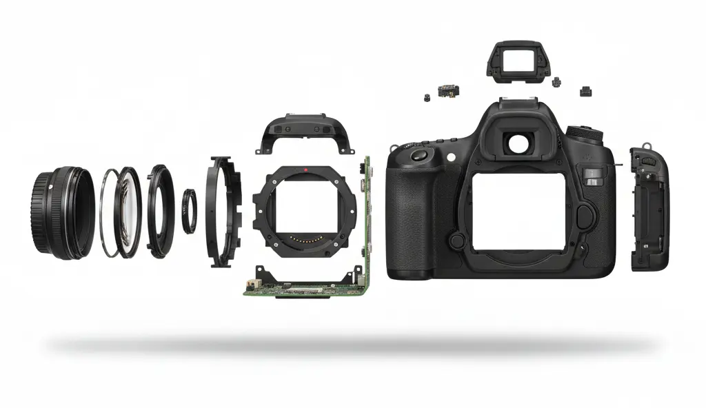 Exploded view render of Digital Camera showing how parts assemble