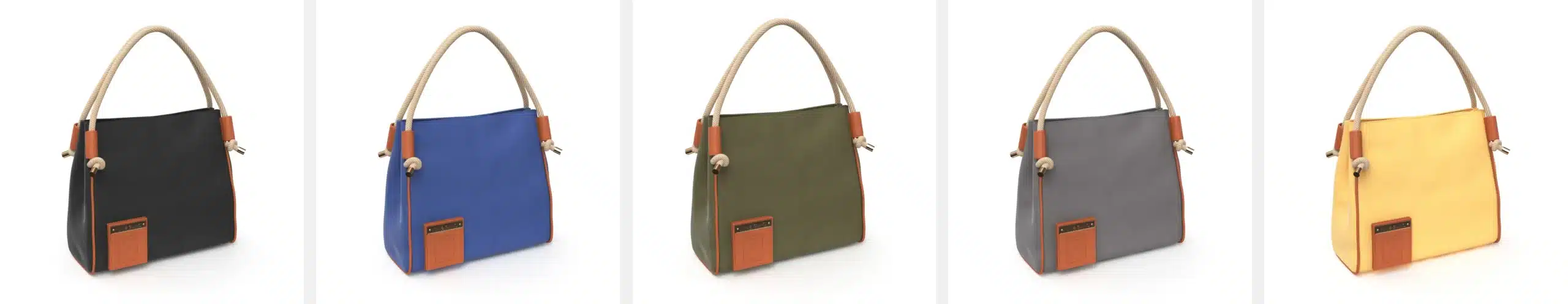 Handbag rendered in five colorways — black, blue, olive, gray, and mustard, with the same tan rope handle and orange trim