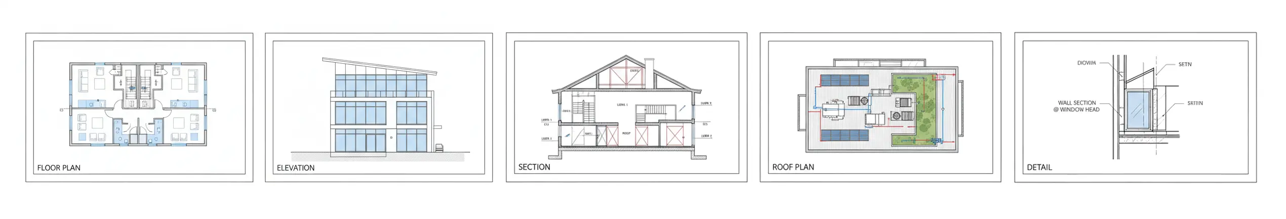Overview of house architectural drawings—plan, elevation, section, roof, and detail sheets.