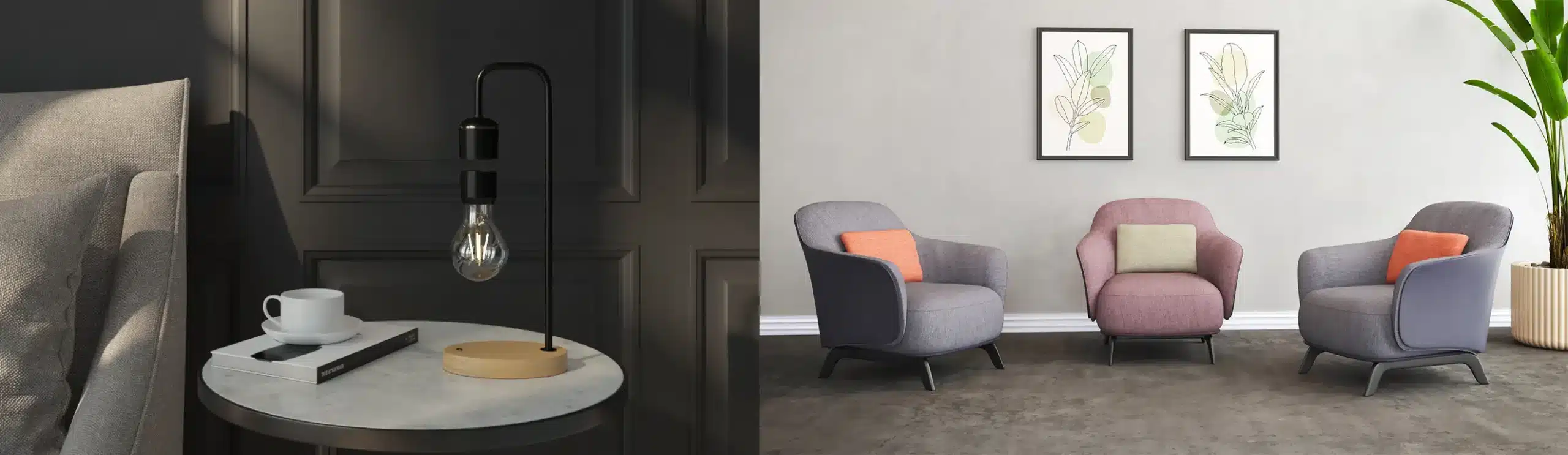 Photorealistic 3D renders of a levitating lamp on a marble side table and three fabric armchairs in a styled living room