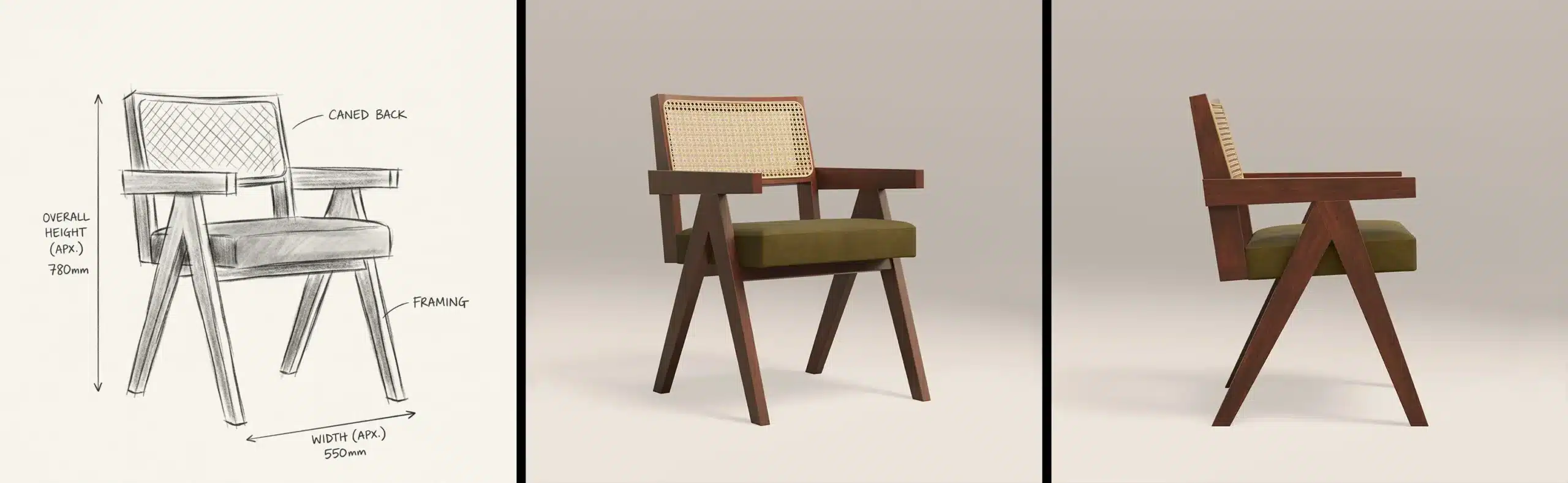 Concept sketch of a caned-back armchair alongside its finished 3D render, front and side angles