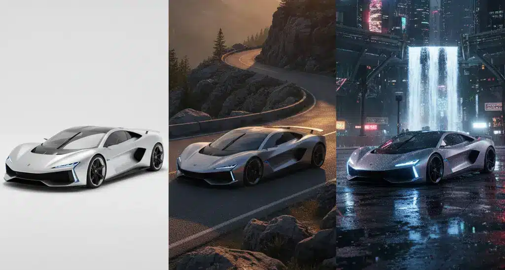 A horizontal triptych showing the same silver high detail supercar reused in three different CGI environments