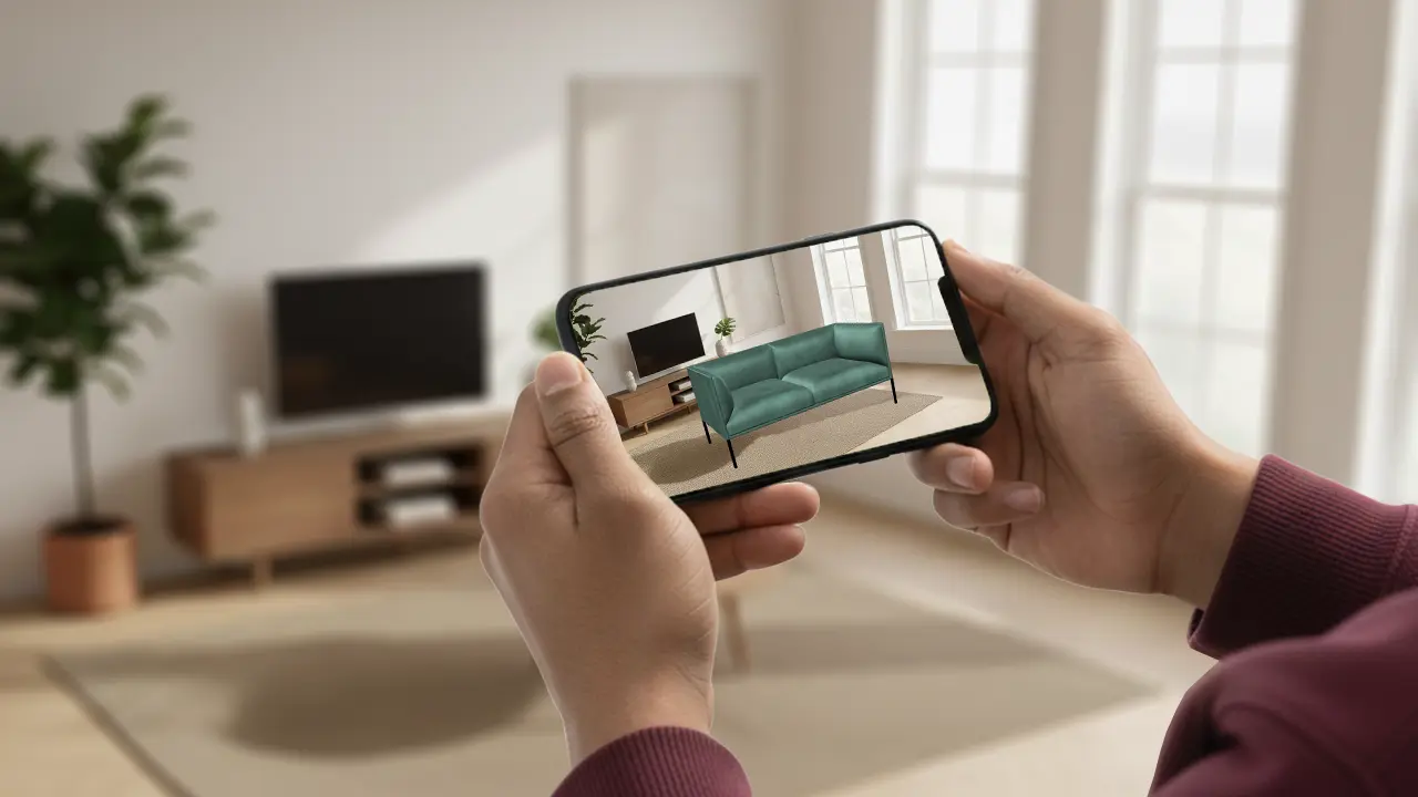 AR 3D models for e-commerce shown on a smartphone displaying a glb product model placed in real space