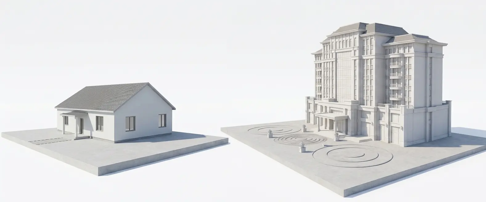 A side-by-side comparison of two 3D architectural models on a white background. On the left is a simple, minimalist white house, and on the right is a highly complex, multi-story classic building, both rendered in a clean, monochromatic grey clay style without textures or landscaping.