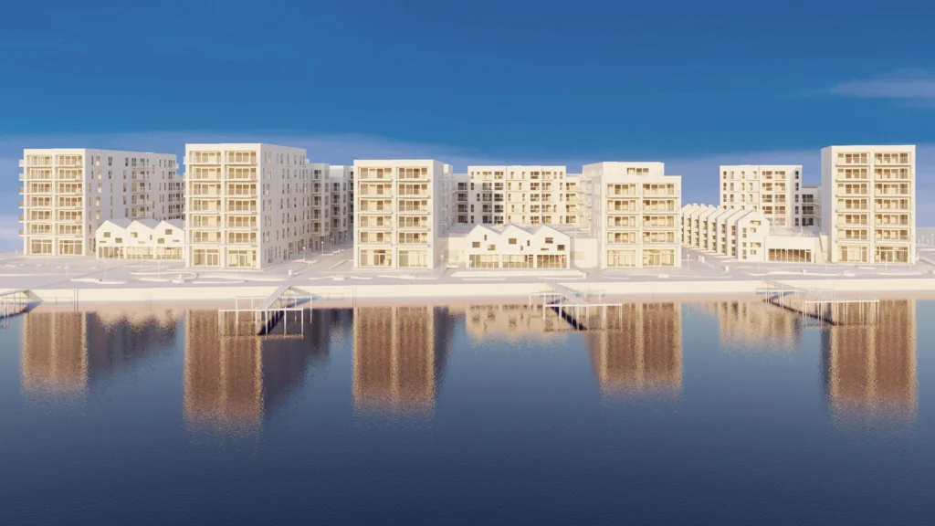 large scale architectural 3d modeling of Pakhuskaj waterfront Copenhagen — full building ensemble with marina and water reflection, clay render