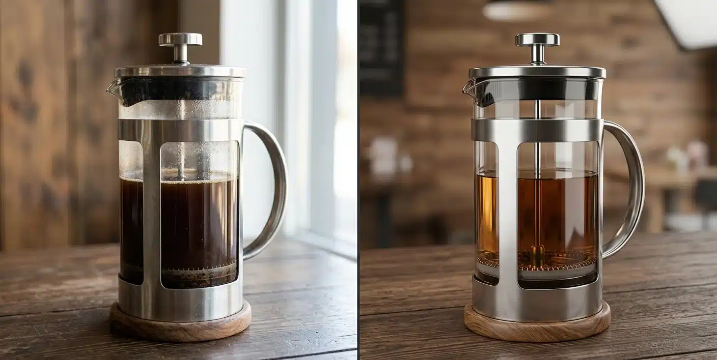 Side-by-side comparison of product photography vs 3D rendering of a stainless steel French press coffee maker on a wooden surface