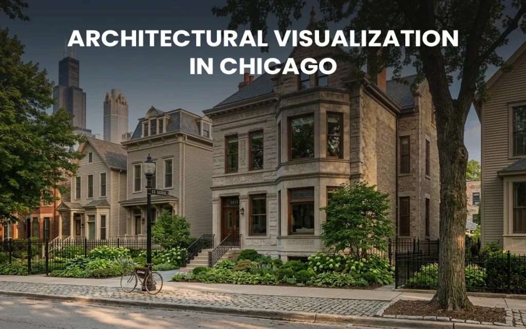 A stunning example of high-end 3D architectural visualization in Chicago, this image showcases a historic greystone residential building and lush streetscape with absolute precision.