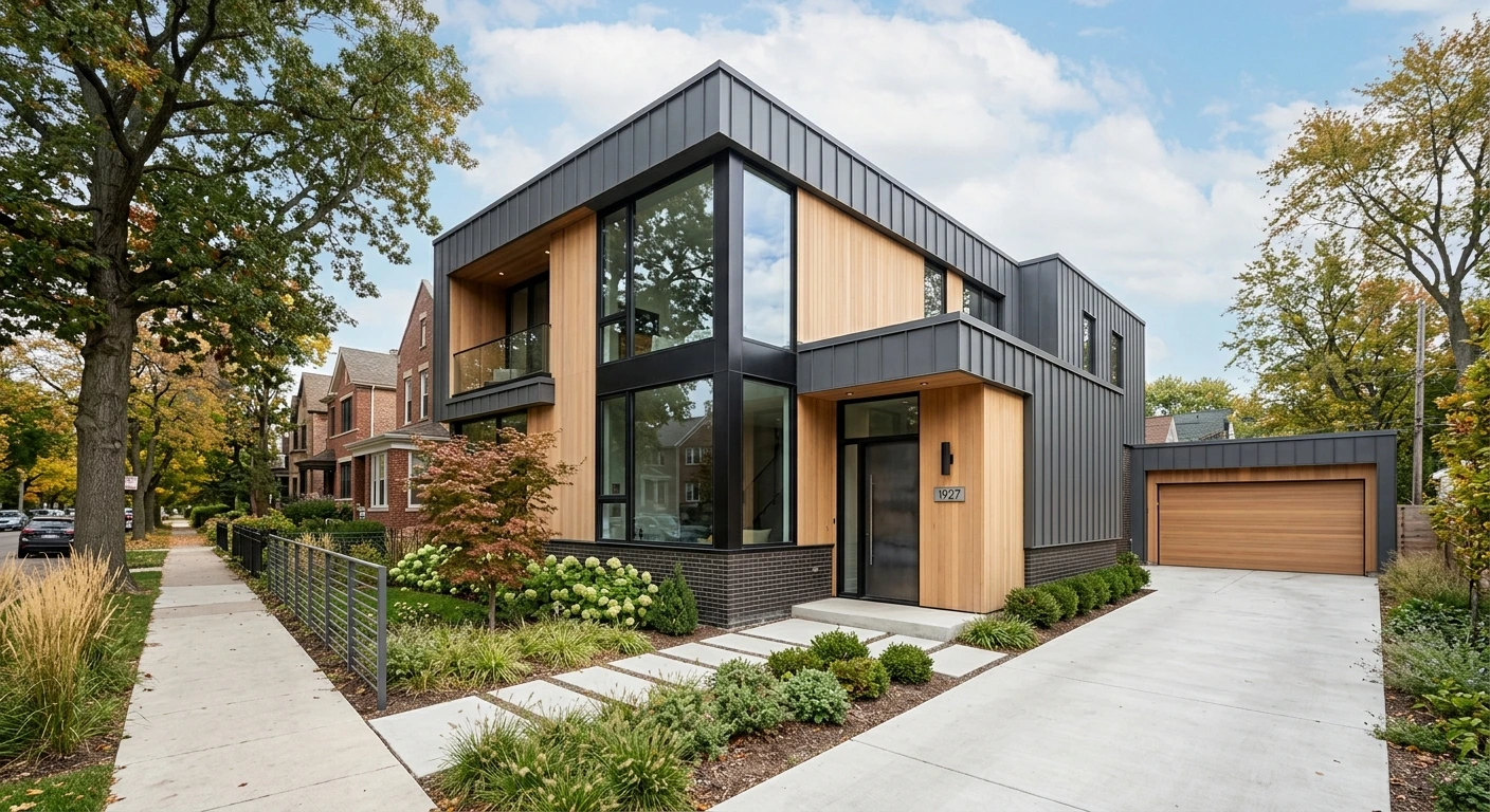 Modern minimalist two-story residential house exterior rendering in a Chicago neighborhood, featuring dark metal cladding, warm wood paneling, floor-to-ceiling glass windows, dark brick accents, and crisp modern landscaping.