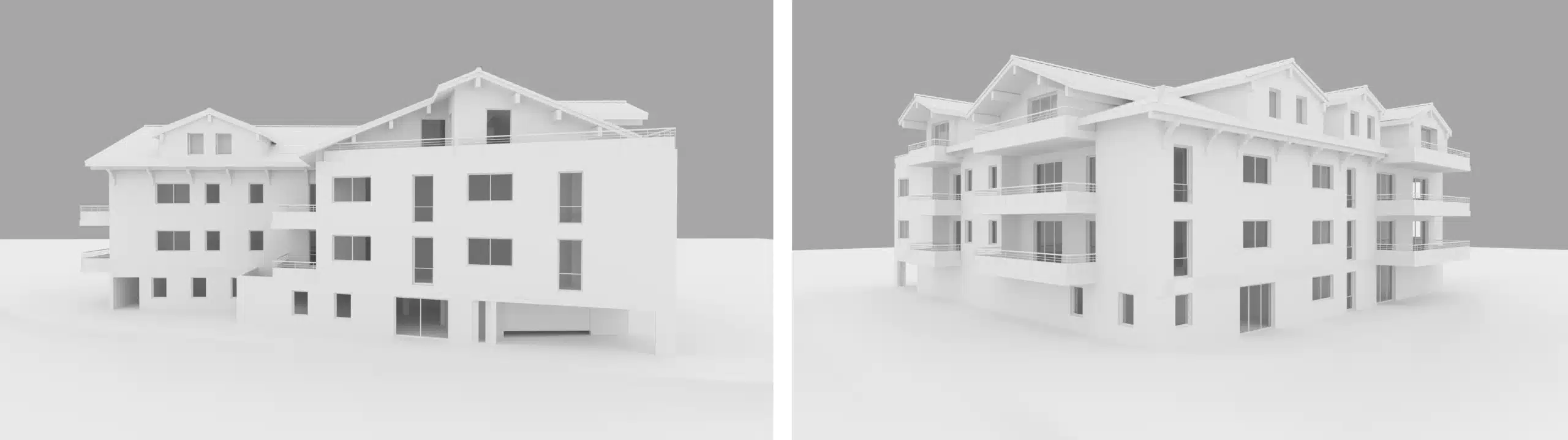 Untextured 3D models of two residential buildings showing structural massing, window placement, and rooflines before materials are applied