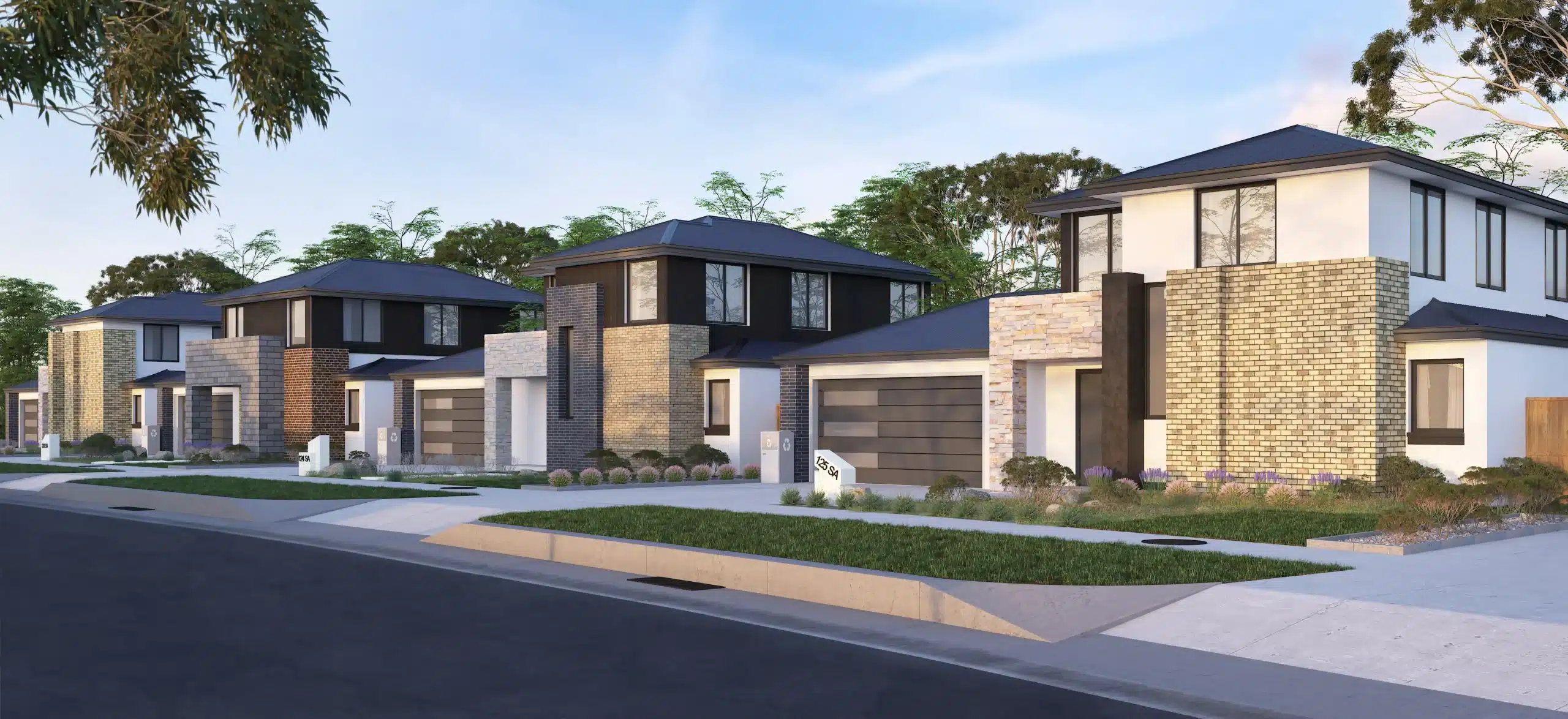 Finished 3D exterior render of a row of modern townhouses with brick and stone cladding, landscaping, and dusk lighting