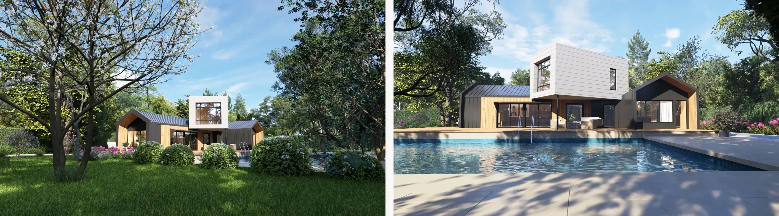 3D exterior rendering of a modern barn-style home with black metal roofing, timber cladding, pool and deck — Naomi Jack residence, 31 Sixth Avenue, Australia
