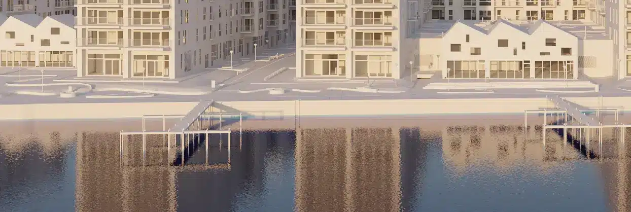 Completed waterfront development Model with landscaping, walkways, and water reflections built out as a full scene