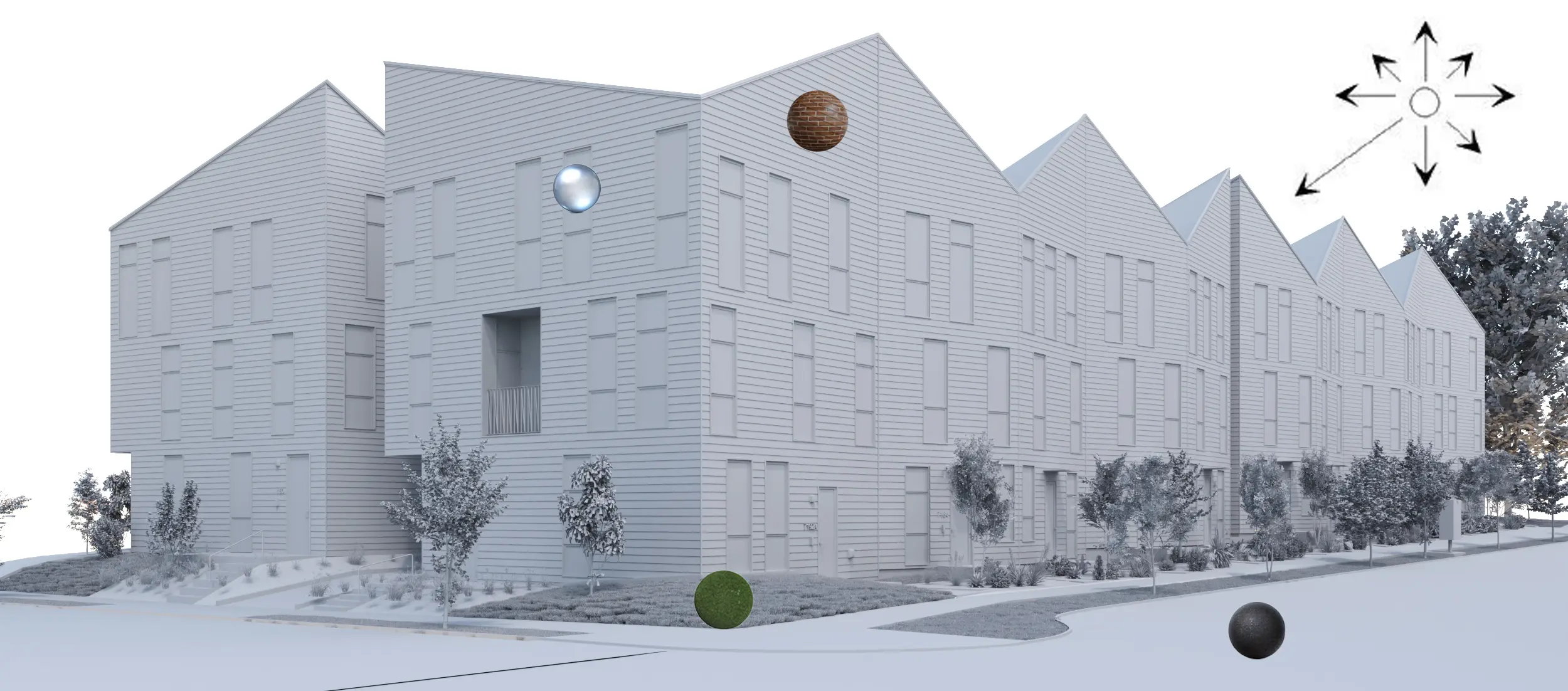 Material and lighting test on a townhouse exterior, showing siding, brick, glass, and grass reference spheres with light direction indicator