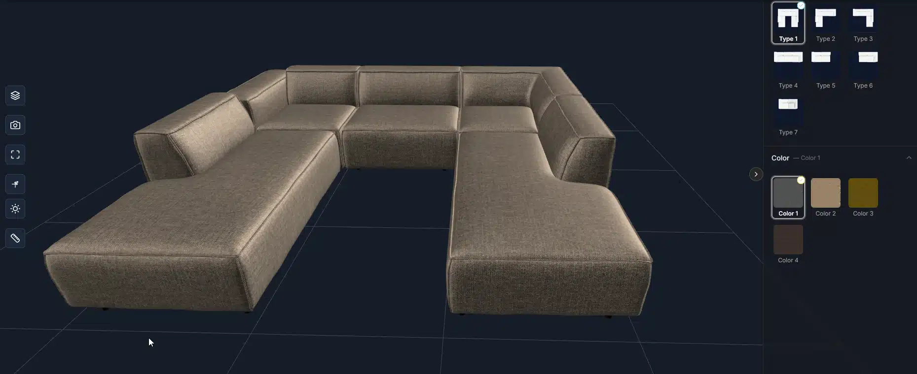 3D product configurator for ecommerce showing a modular sectional sofa with selectable layout types and fabric color options